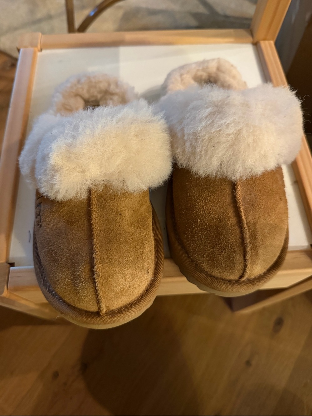 UGG Kids Chestnut Suede Slip-On Shearling Slippers with Cream Cuff